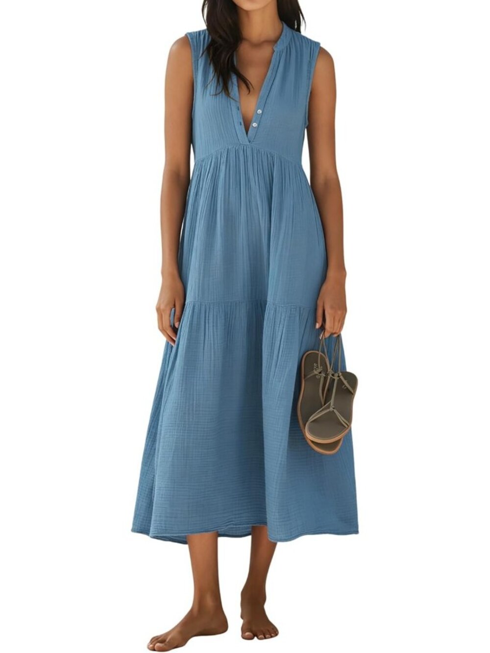 Summer Cotton V-Neck Maxi Dress for Women - Stylish, Lightweight, Perfect for